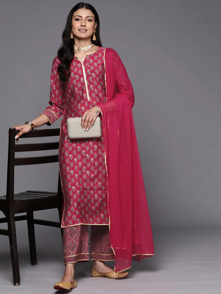 Pink Printed Silk Blend Straight Suit Set With Palazzos - Libas