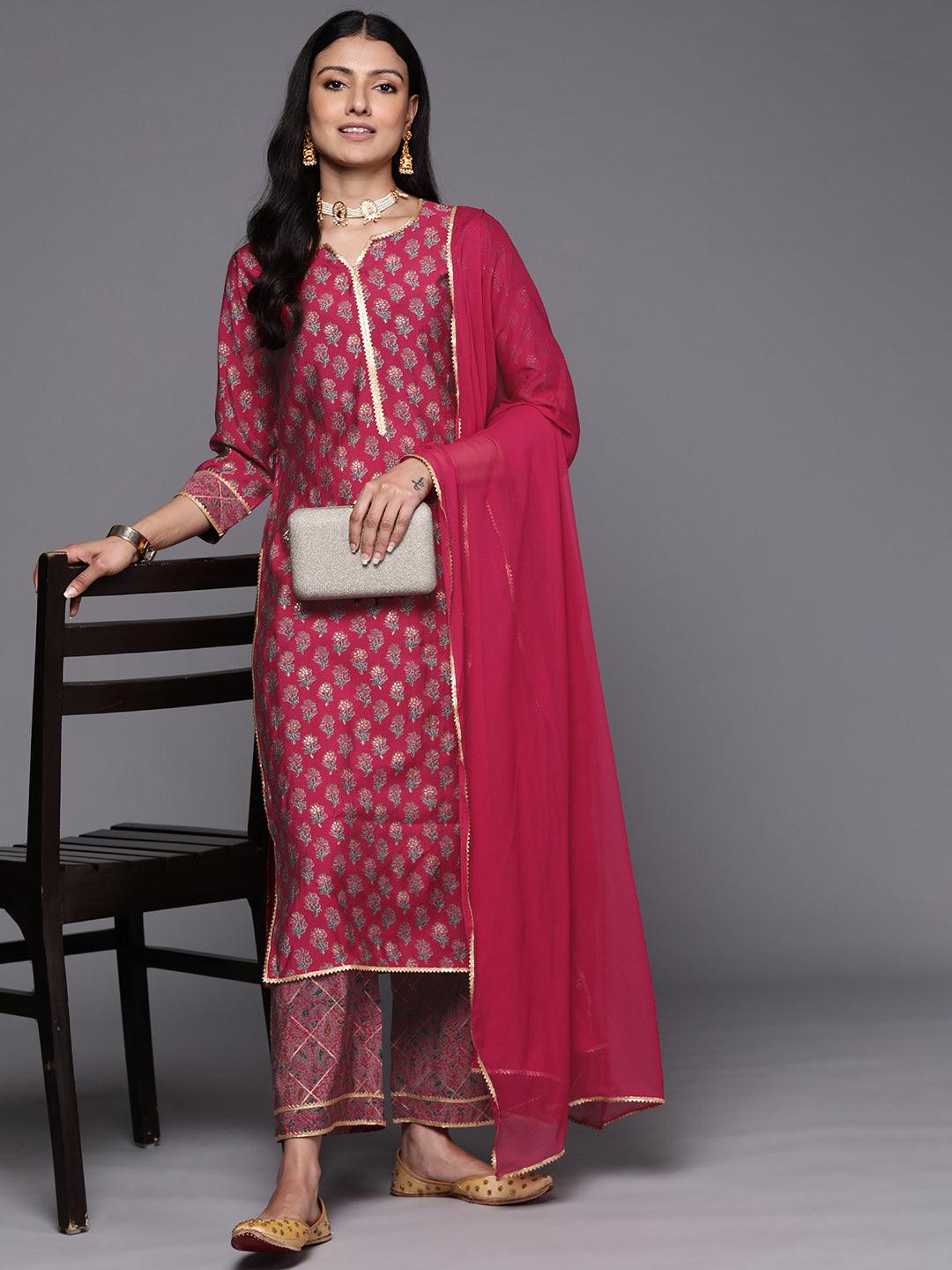 Pink Printed Silk Blend Straight Suit Set With Palazzos - Libas