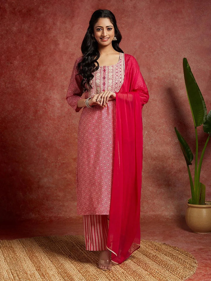 Pink Printed Silk Blend Straight Kurta With Palazzos & Dupatta - Libas