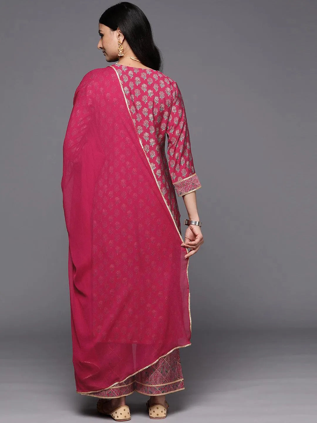 Pink Printed Silk Blend Straight Suit Set With Palazzos - Libas 