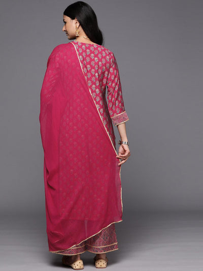 Pink Printed Silk Blend Straight Suit Set With Palazzos - Libas