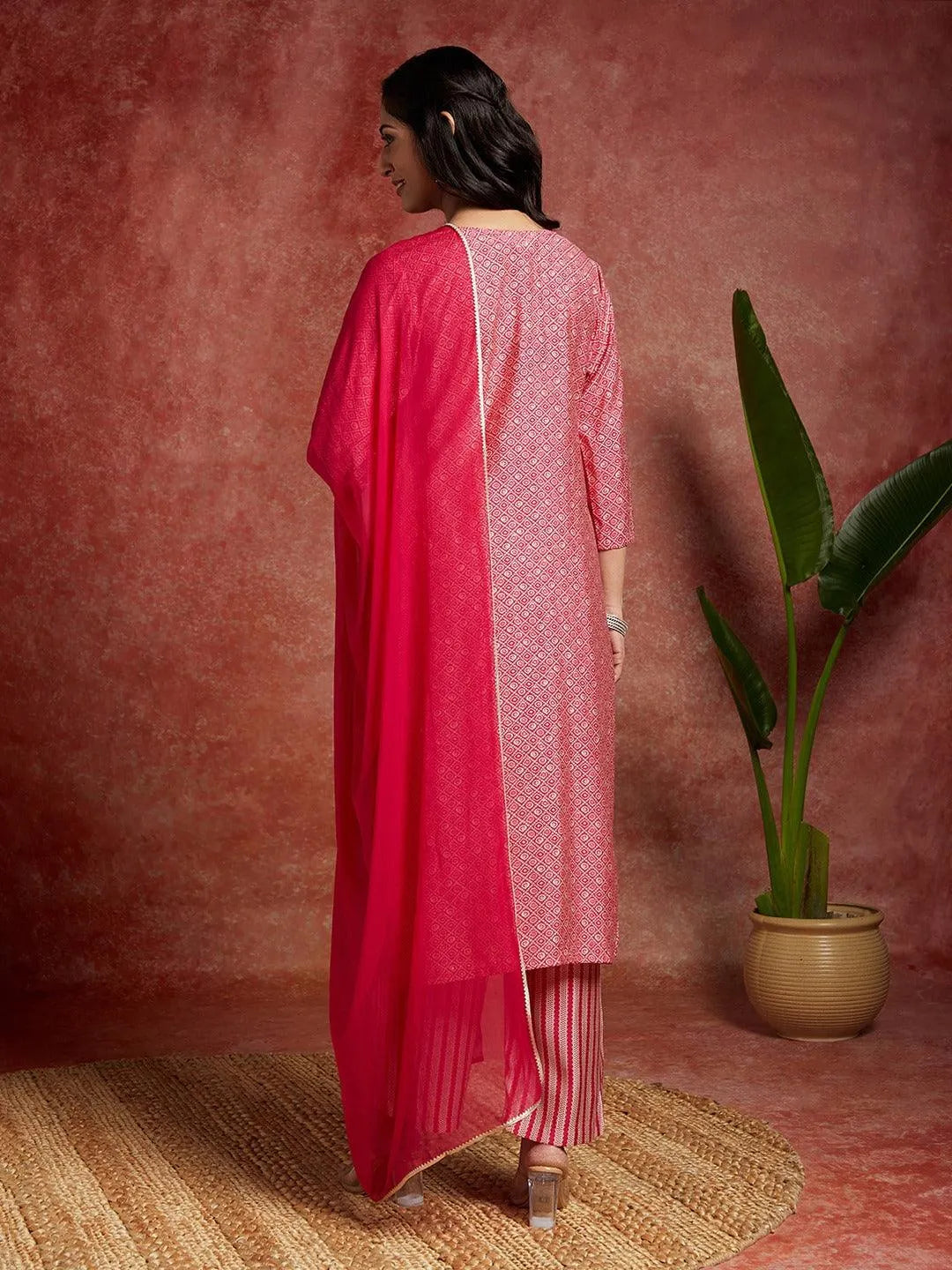 Pink Printed Silk Blend Straight Kurta With Palazzos & Dupatta - Libas 