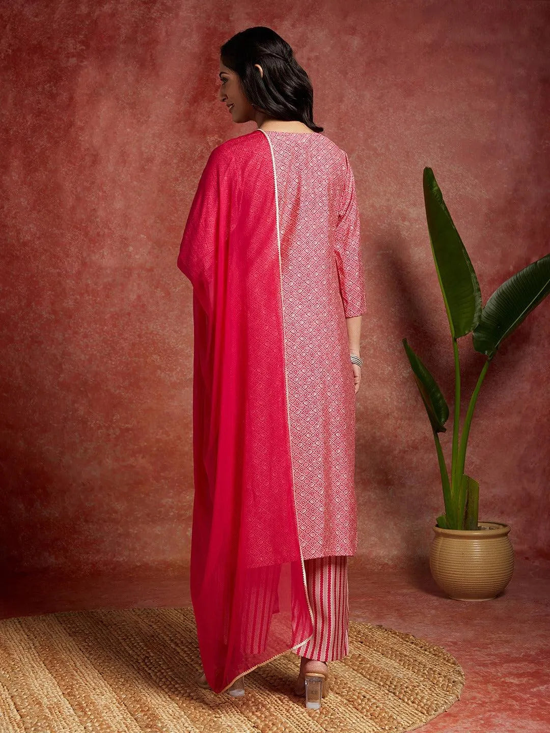 Pink Printed Silk Blend Straight Kurta With Palazzos & Dupatta - Libas