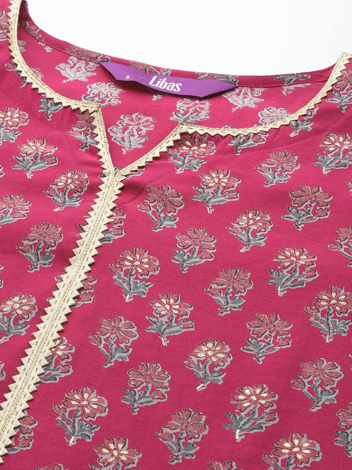 Pink Printed Silk Blend Straight Suit Set With Palazzos - Libas