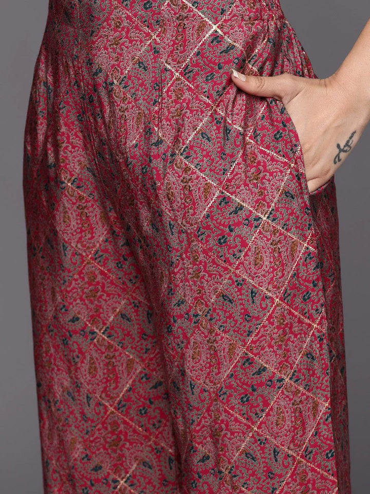 Pink Printed Silk Blend Straight Suit Set With Palazzos - Libas