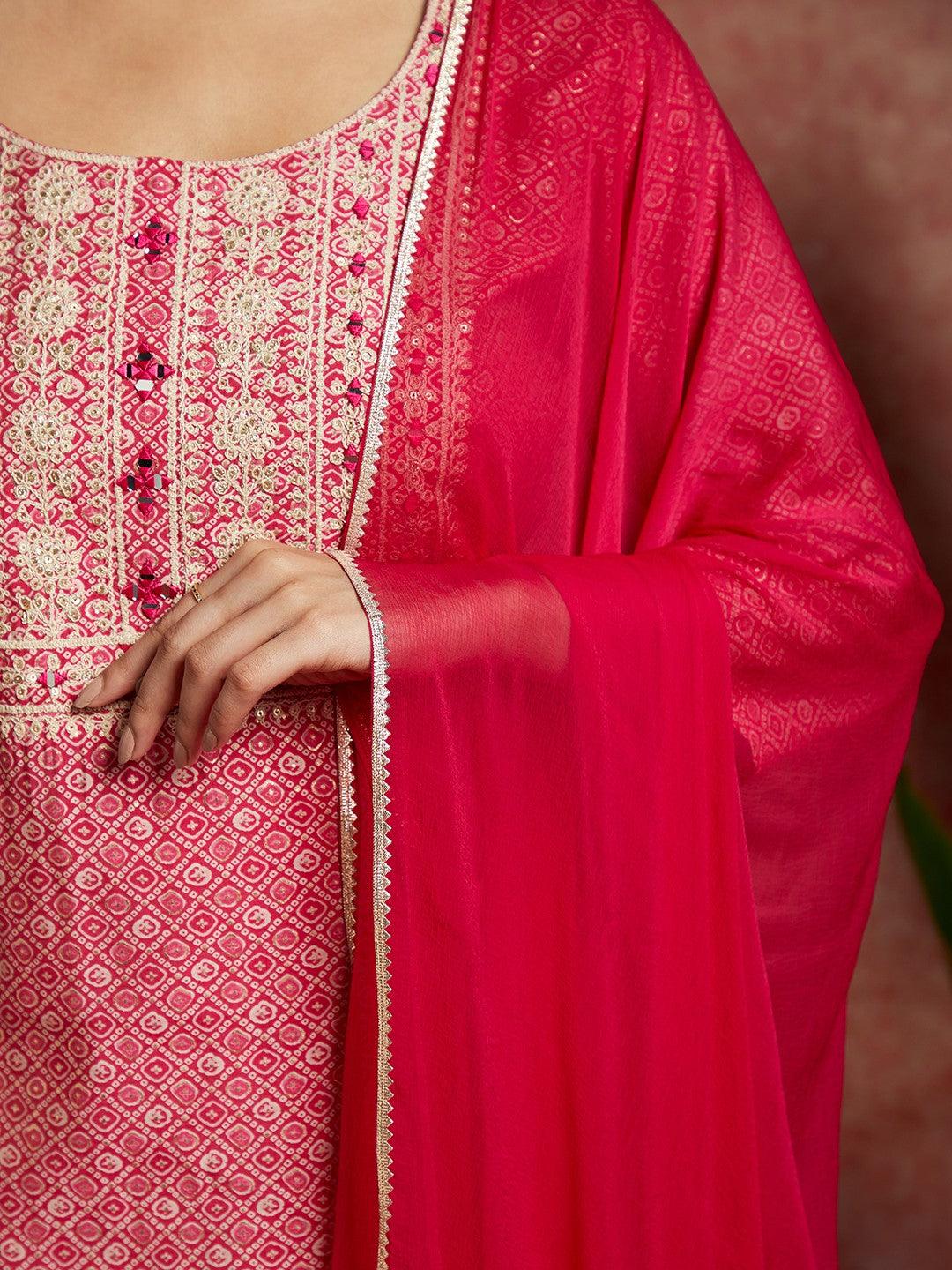 Pink Printed Silk Blend Straight Kurta With Palazzos & Dupatta - Libas