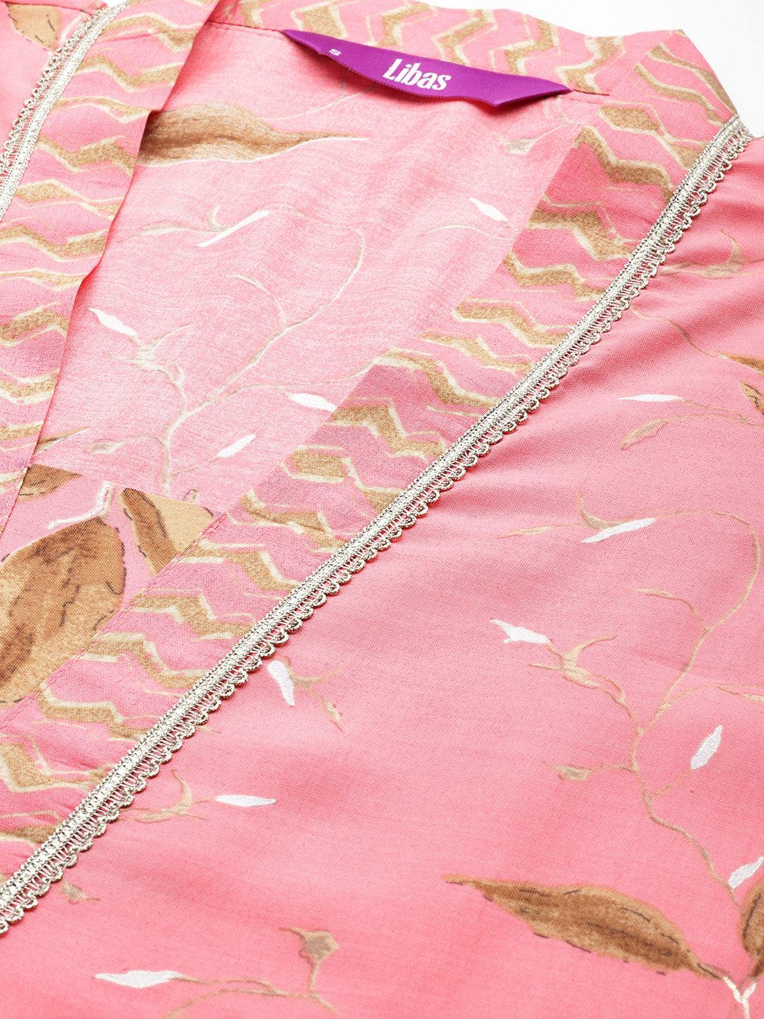 Pink Printed Silk Blend Straight Kurta With Palazzos - Libas