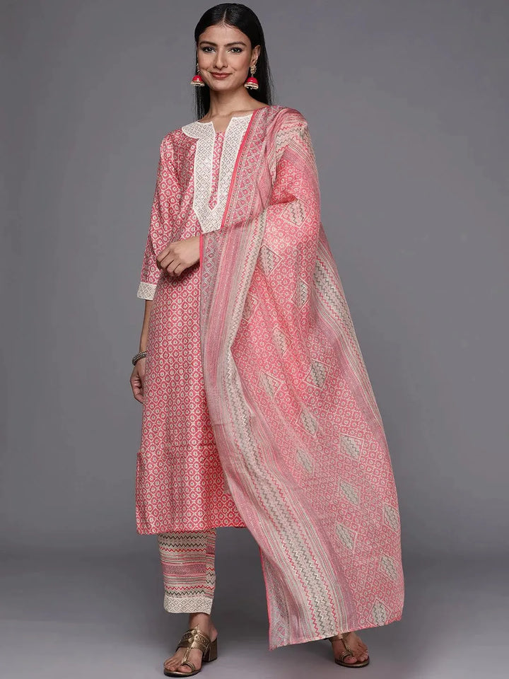 Pink Printed Silk Blend Straight Suit Set - Libas