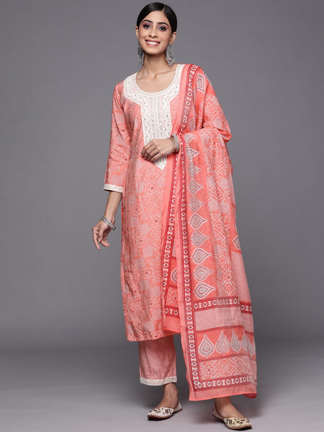 Pink Printed Silk Blend Straight Kurta With Trousers & Dupatta