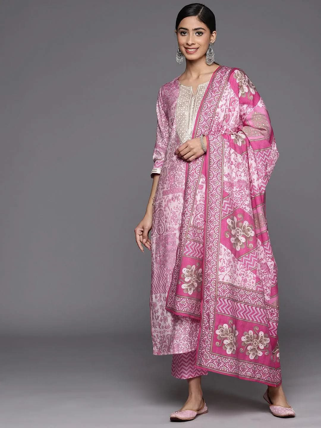 Pink Printed Silk Blend Straight Suit Set With Trousers - Libas