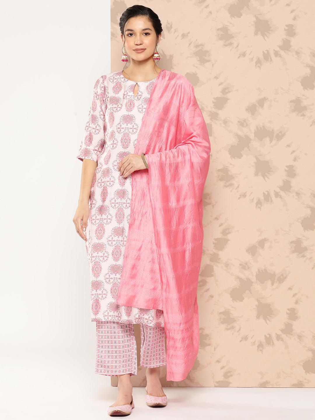 Pink Printed Silk Blend Straight Kurta With Trousers and Dupatta
