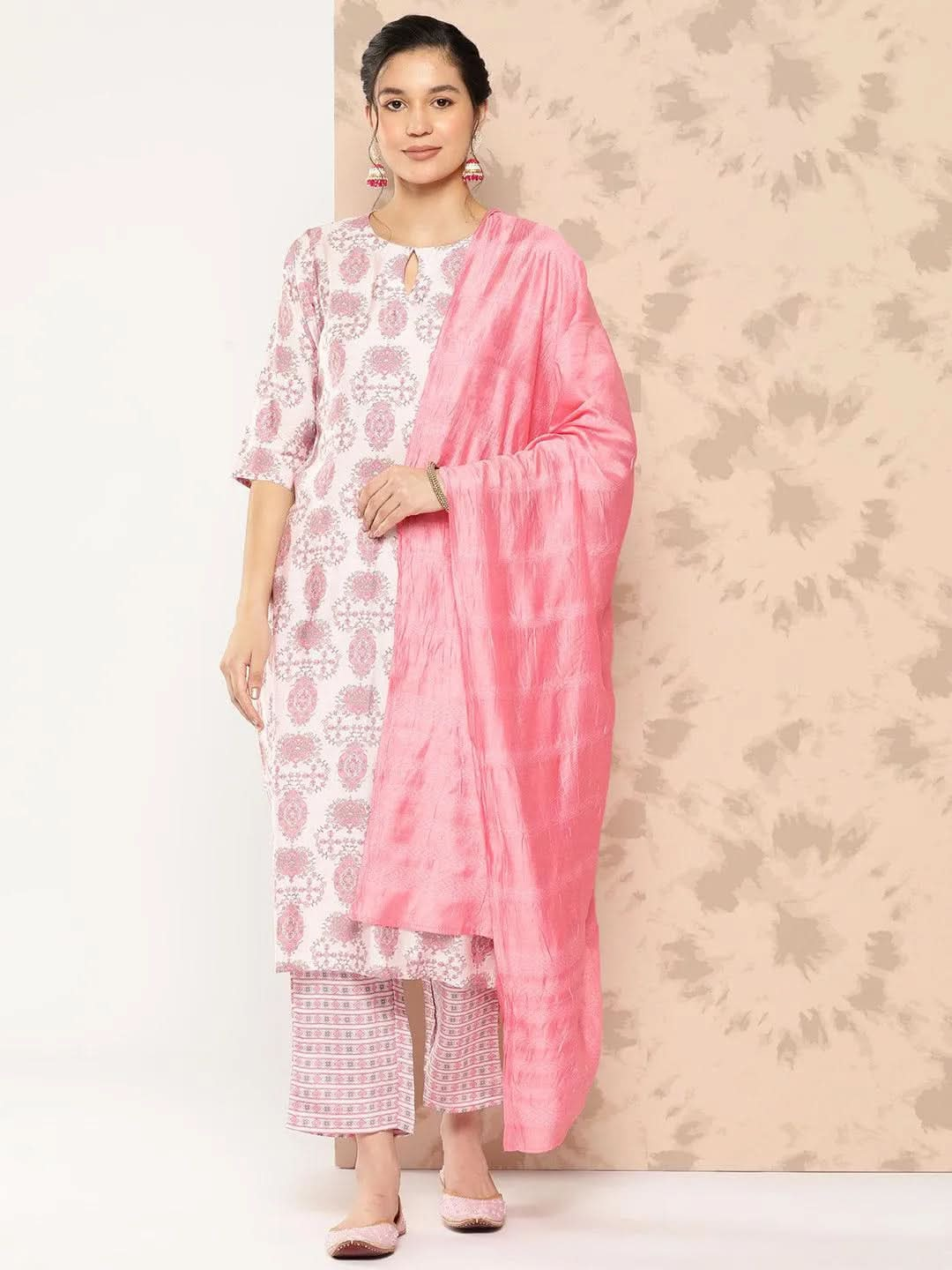 Pink Printed Silk Blend Straight Kurta With Trousers and Dupatta - Libas