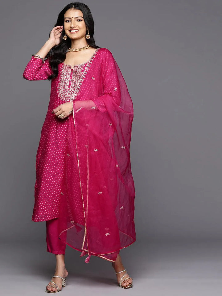 Pink Printed Silk Blend Straight Kurta With Trousers & Dupatta - Libas