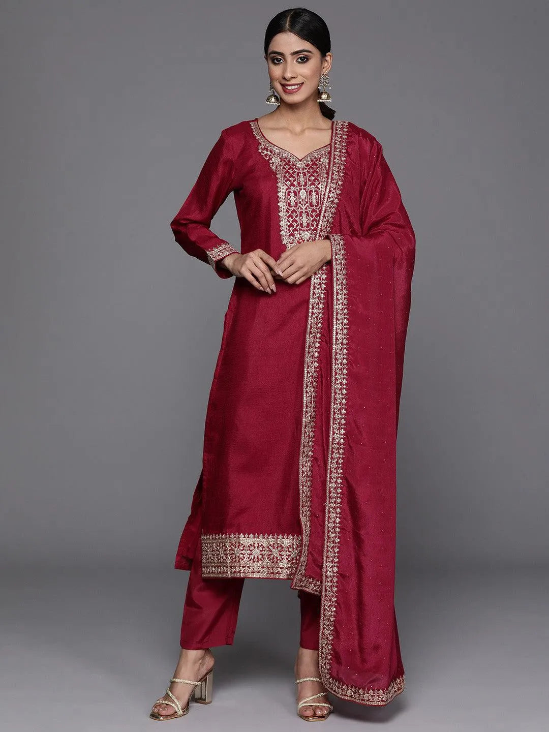 Pink Printed Silk Blend Straight Kurta With Trousers & Dupatta - Libas 