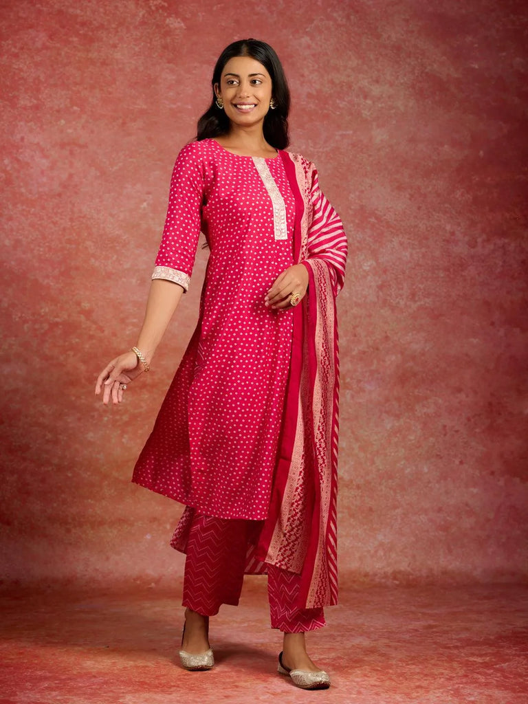 Libas Pink Printed Silk Blend Straight Suit With Dupatta