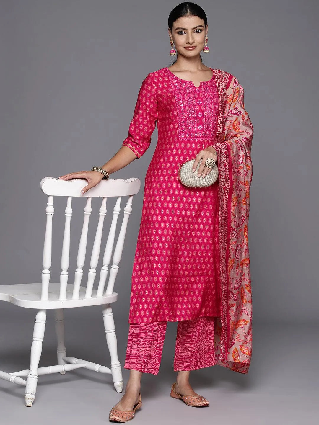 Pink Printed Silk Blend Straight Kurta With Trousers & Dupatta - Libas
