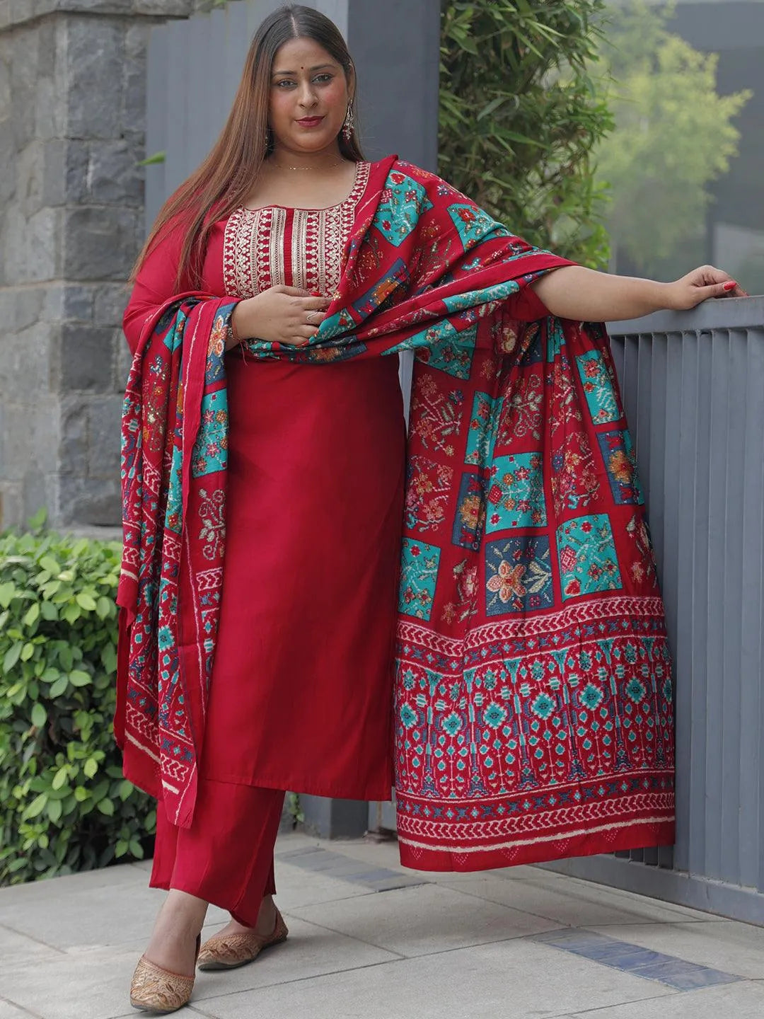 Plus Size Pink Printed Silk Blend Straight Suit With Dupatta