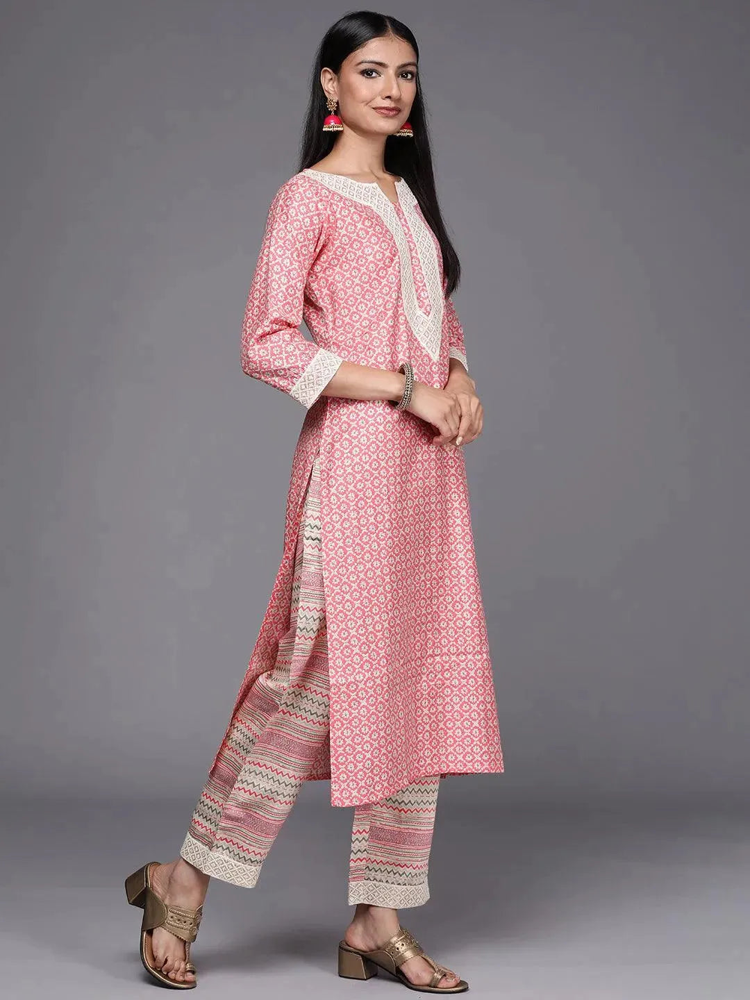 Pink Printed Silk Blend Straight Suit Set - Libas 