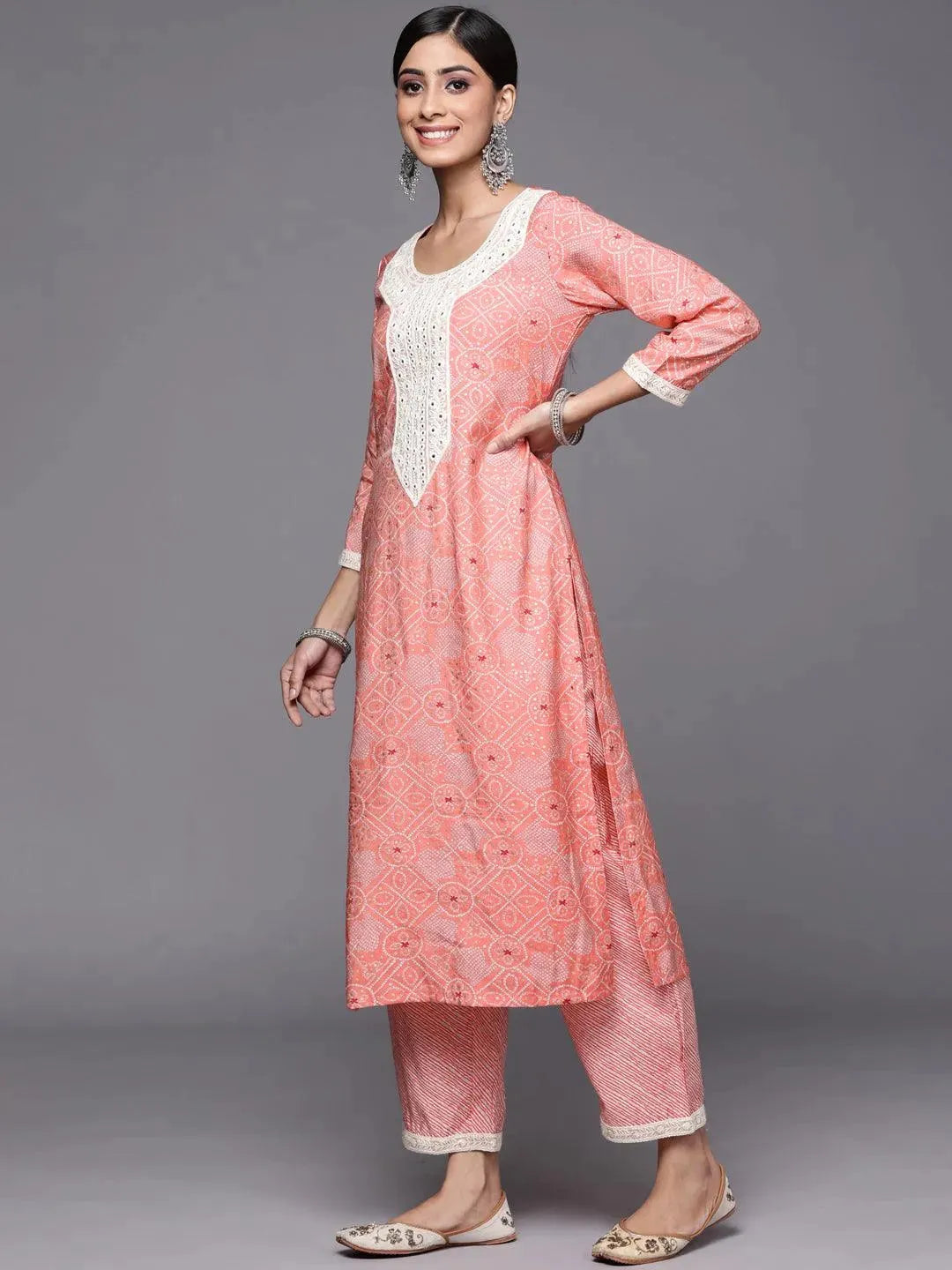 Pink Printed Silk Blend Straight Suit Set - Libas