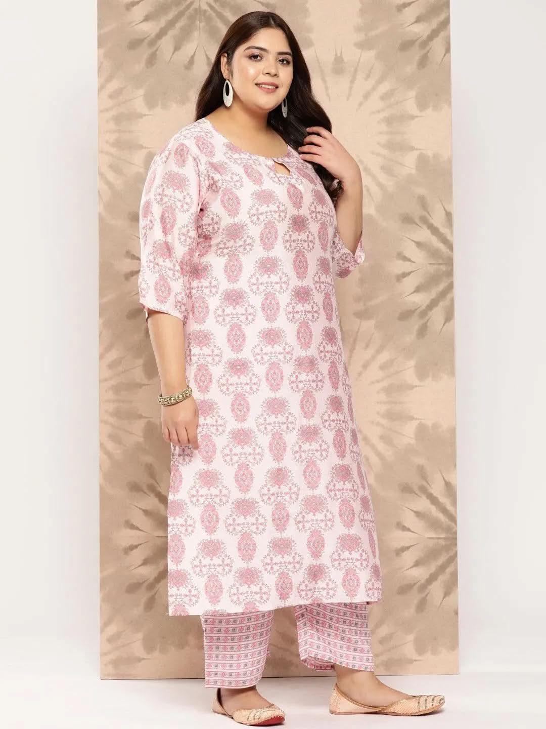 Pink Printed Silk Blend Straight Kurta With Trousers and Dupatta - Libas 