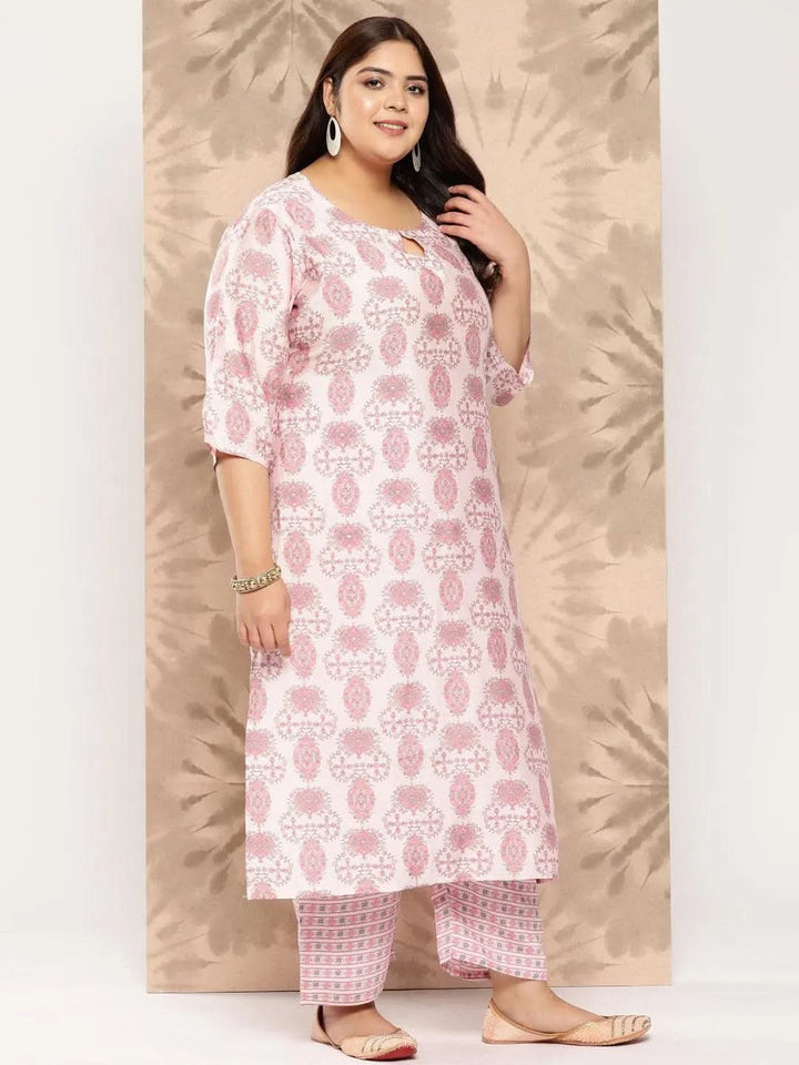 Pink Printed Silk Blend Straight Kurta With Trousers and Dupatta - Libas