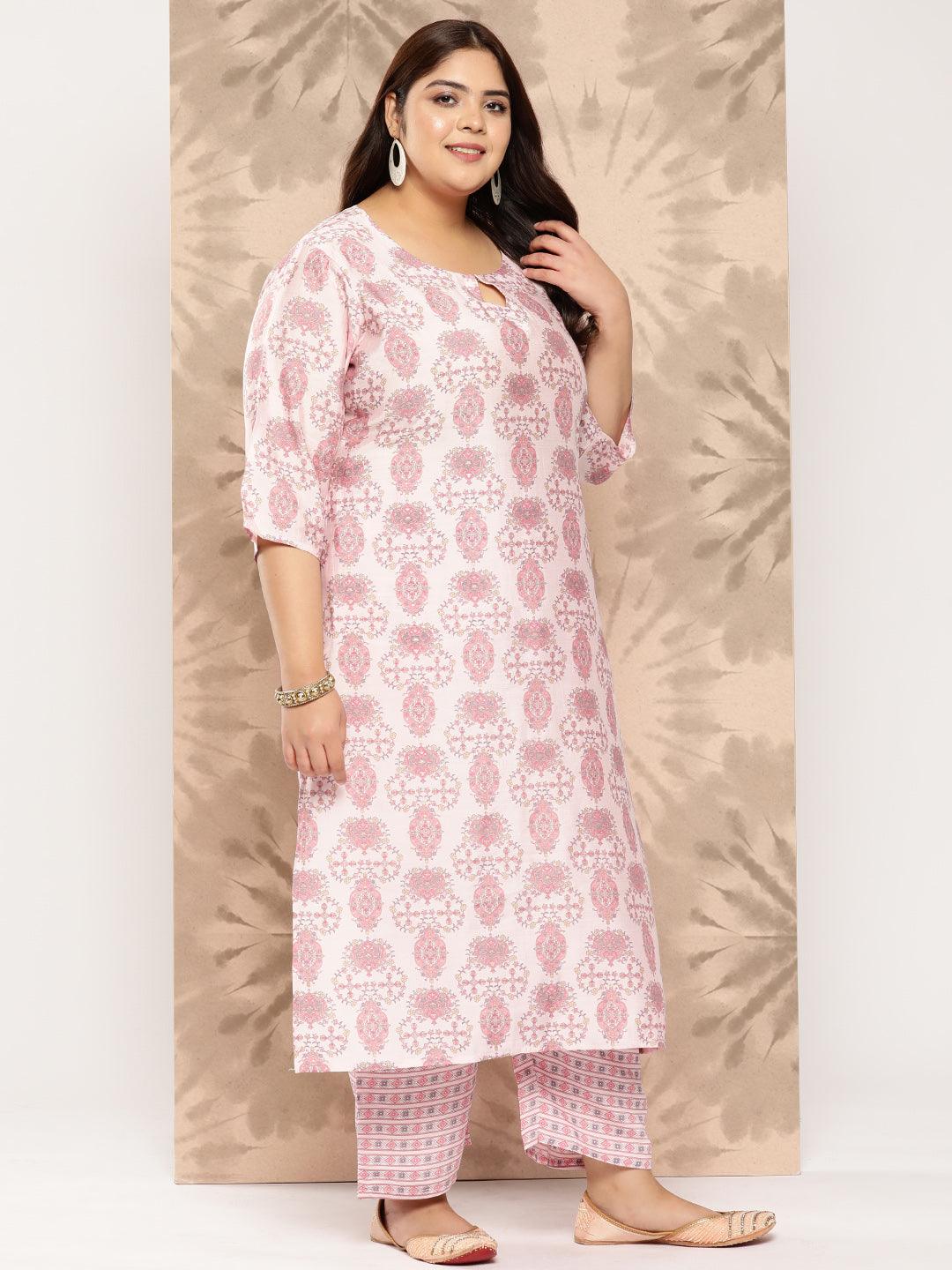 Pink Printed Silk Blend Straight Kurta With Trousers and Dupatta - Libas