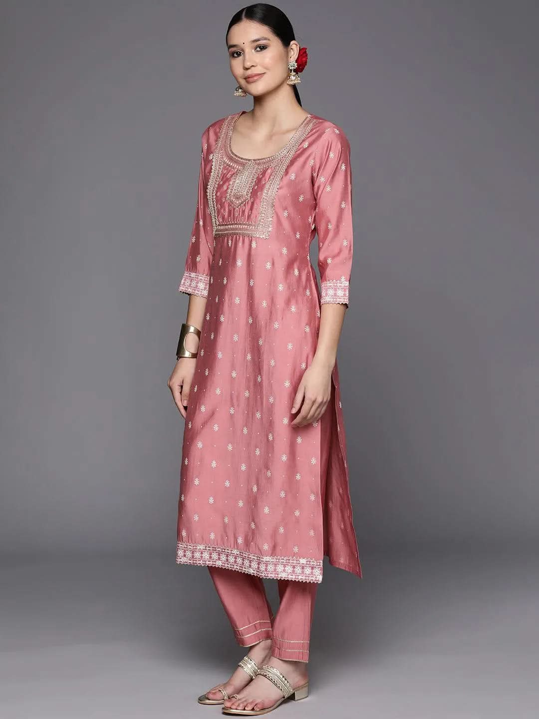 Pink Printed Silk Blend Straight Kurta With Trousers & Dupatta - Libas 