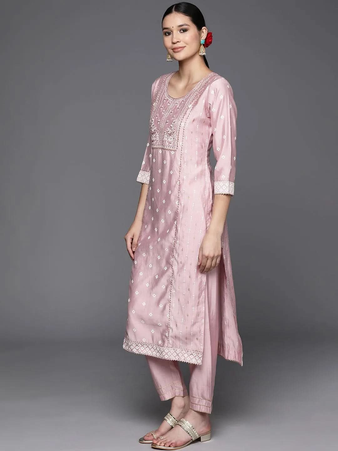 Pink Printed Silk Blend Straight Kurta With Trousers & Dupatta - Libas 