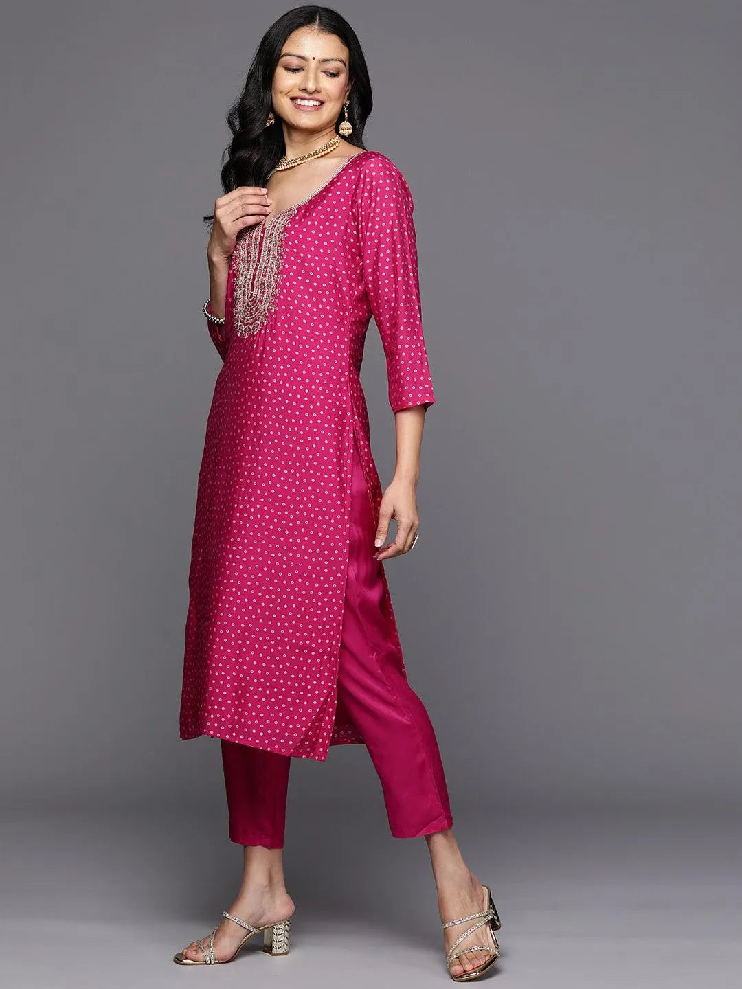 Pink Printed Silk Blend Straight Kurta With Trousers & Dupatta - Libas 