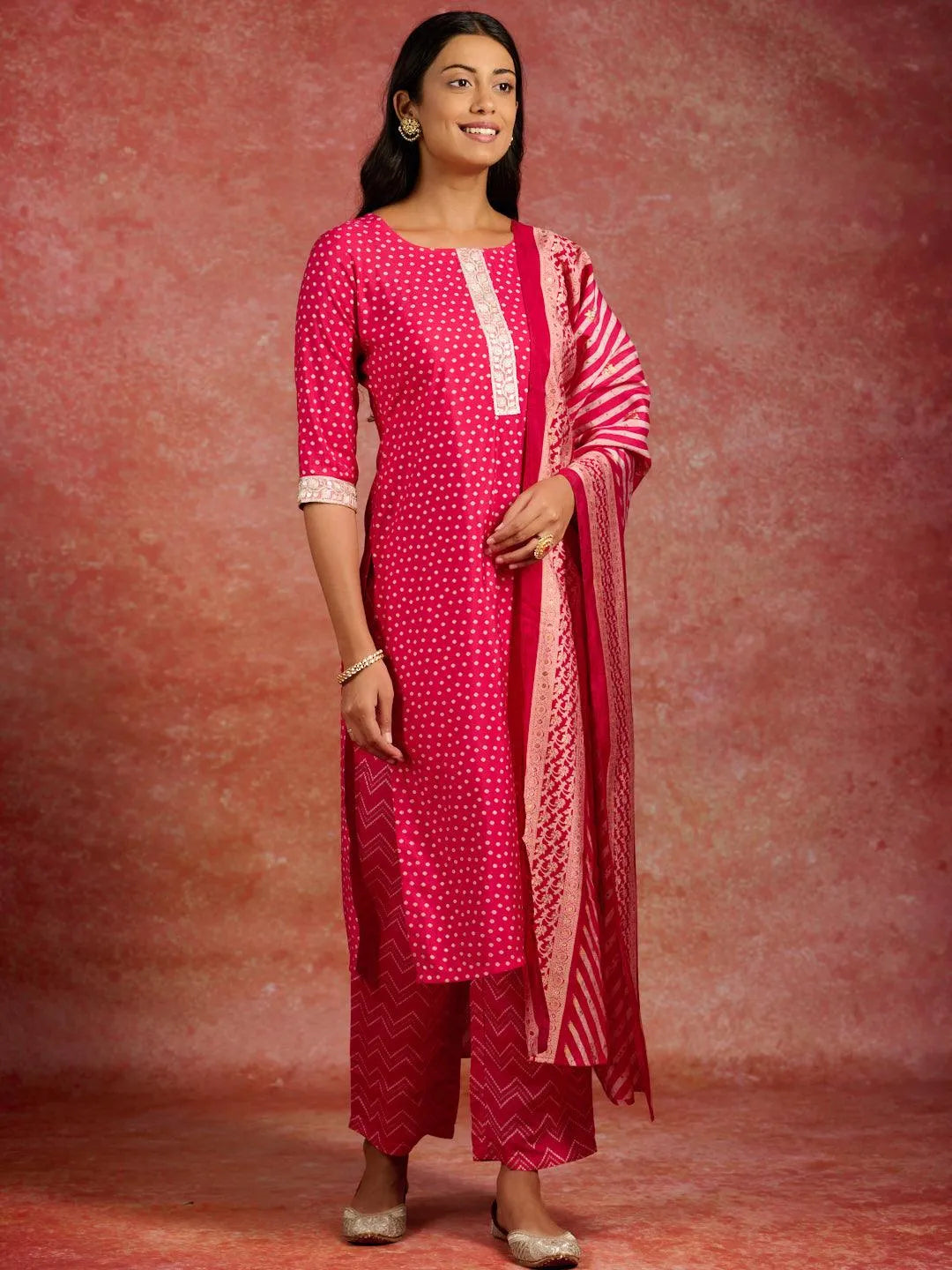 Pink Printed Silk Blend Straight Kurta With Trousers & Dupatta - Libas 