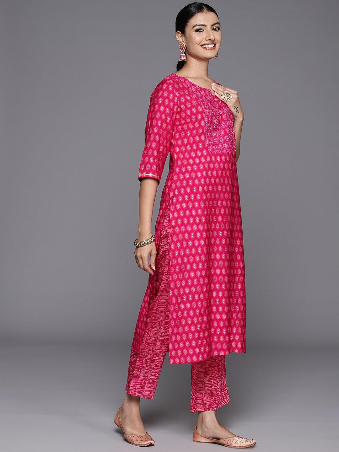 Pink Printed Silk Blend Straight Kurta With Trousers & Dupatta - Libas