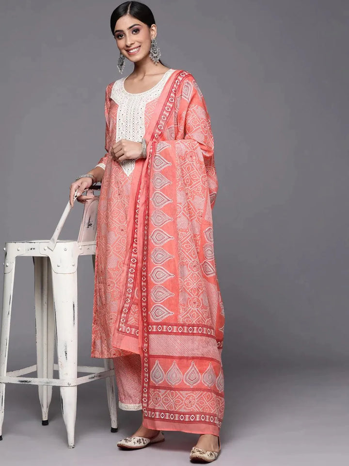 Pink Printed Silk Blend Straight Suit Set - Libas