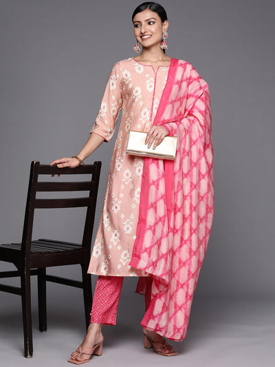 Pink Printed Silk Blend Straight Suit Set With Trousers - Libas
