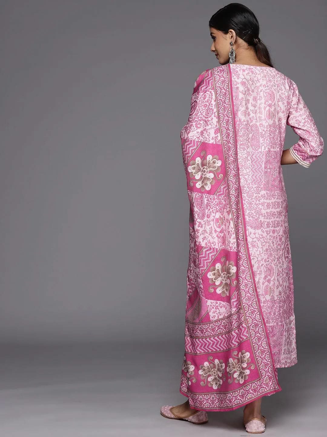 Pink Printed Silk Blend Straight Suit Set With Trousers - Libas 