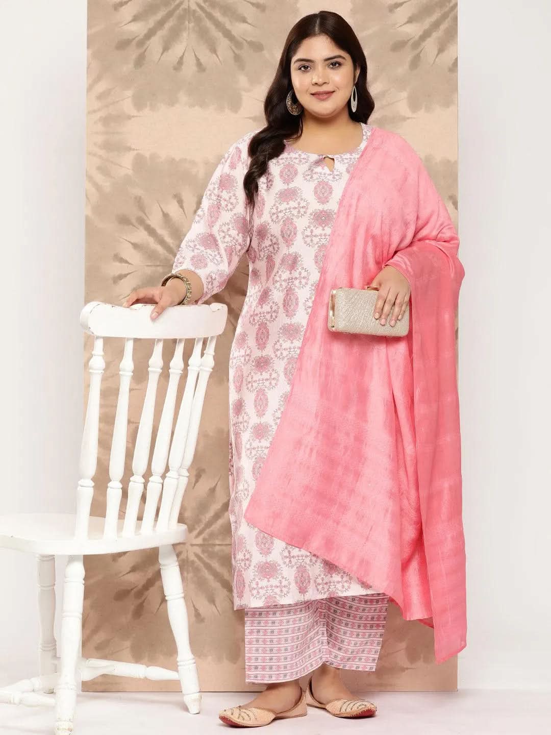 Pink Printed Silk Blend Straight Kurta With Trousers and Dupatta - Libas 