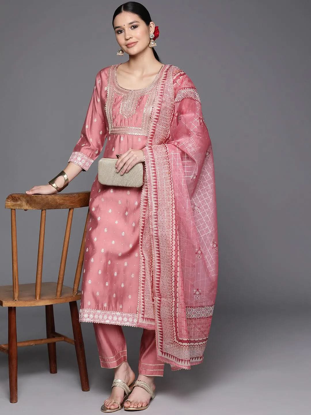 Pink Printed Silk Blend Straight Kurta With Trousers & Dupatta - Libas 