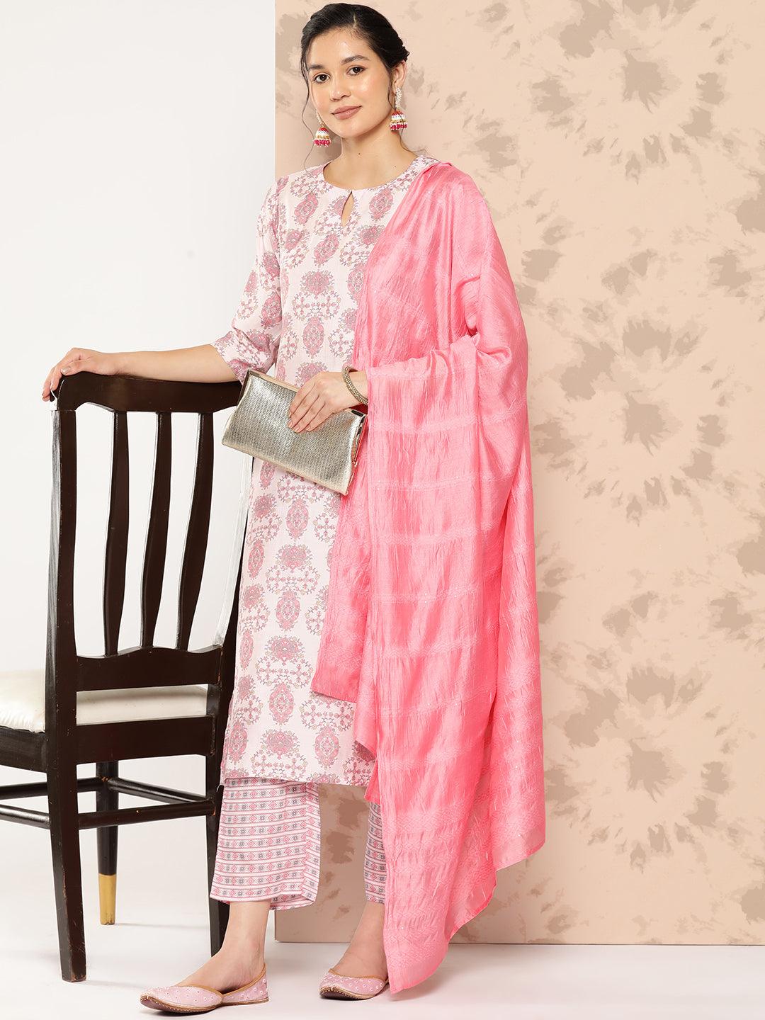 Pink Printed Silk Blend Straight Kurta With Trousers and Dupatta