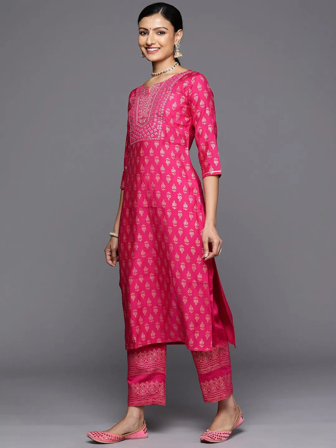 Pink Printed Silk Blend Straight Kurta With Trousers & Dupatta - Libas 