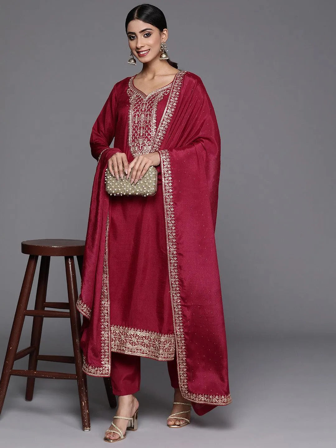 Pink Printed Silk Blend Straight Kurta With Trousers & Dupatta - Libas 