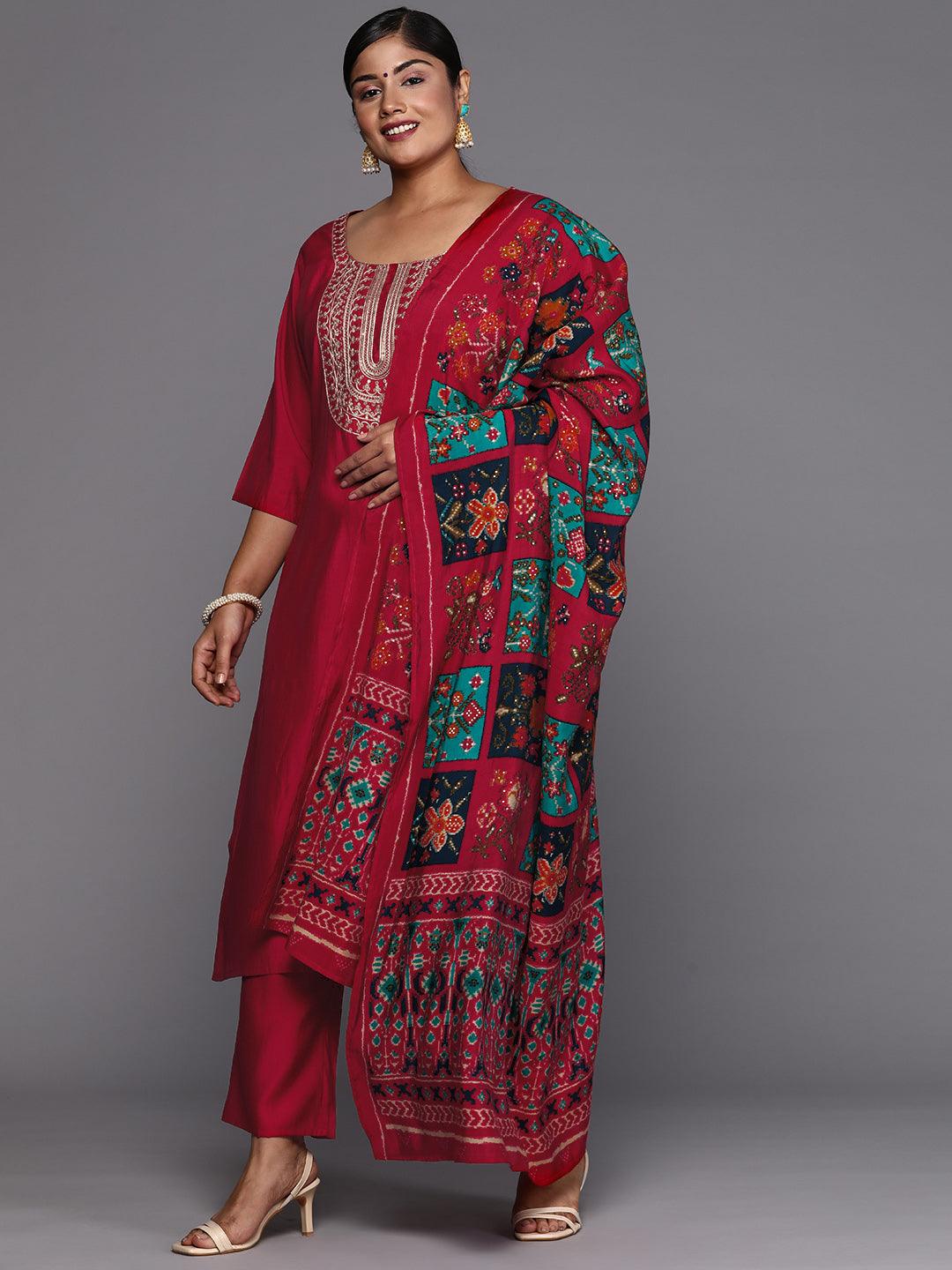 Plus Size Pink Printed Silk Blend Straight Suit With Dupatta