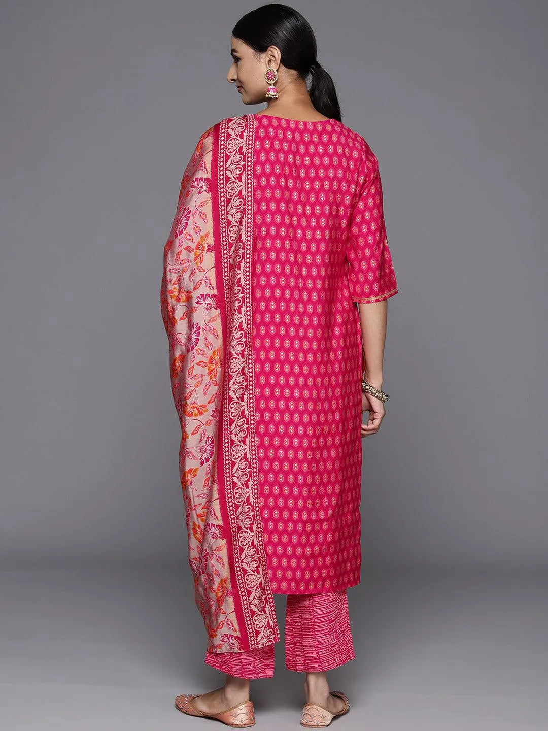 Pink Printed Silk Blend Straight Kurta With Trousers & Dupatta - Libas 