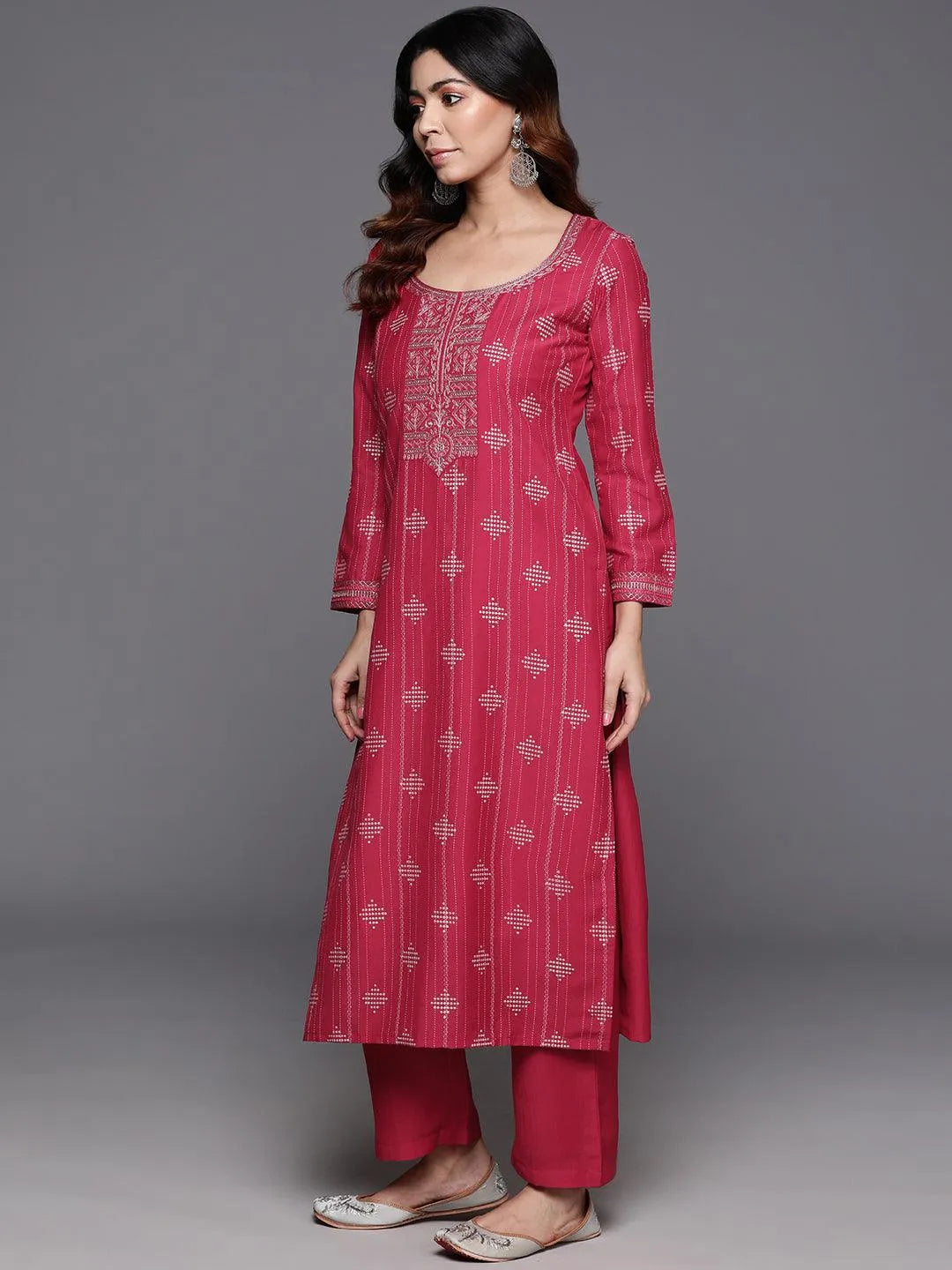 Pink Printed Silk Blend Straight Kurta With Trousers & Dupatta - Libas 
