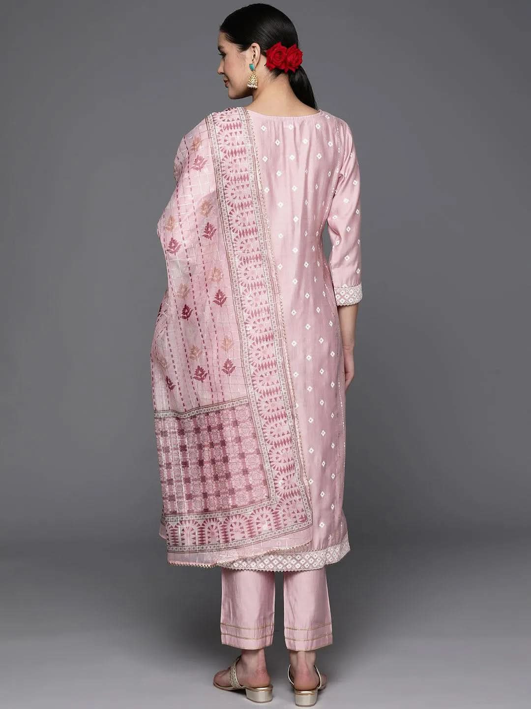 Pink Printed Silk Blend Straight Kurta With Trousers & Dupatta - Libas 