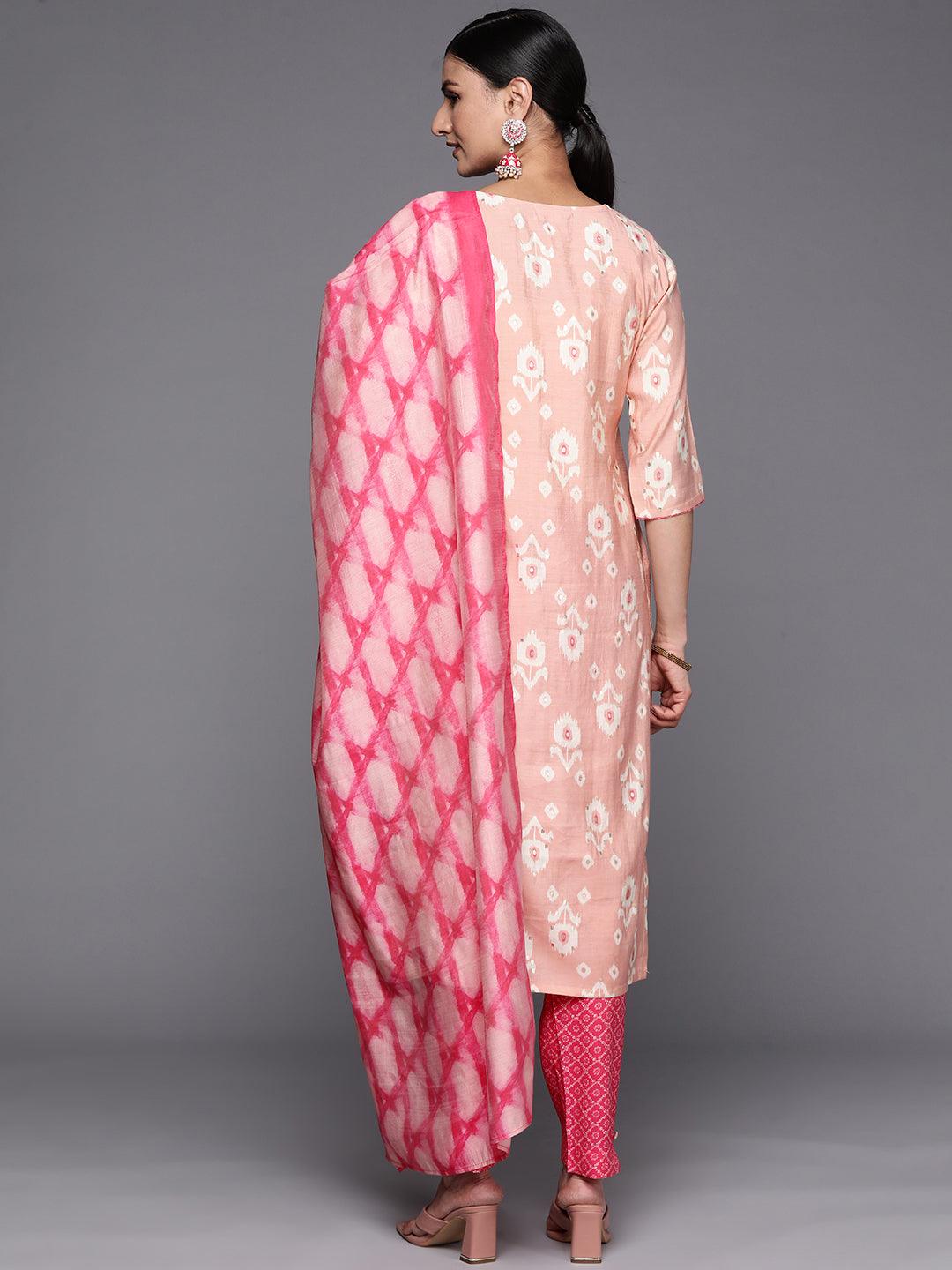 Pink Printed Silk Blend Straight Kurta With Trousers & Dupatta