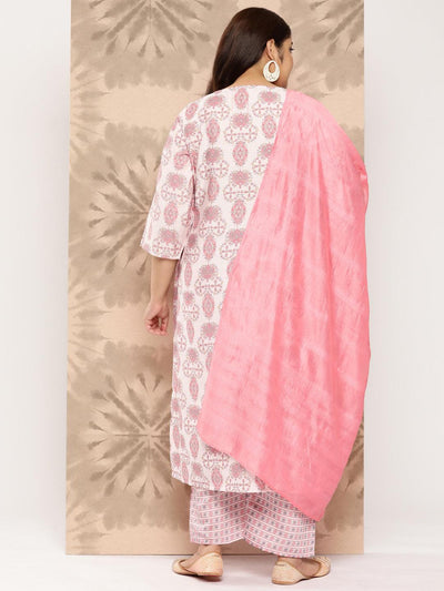 Pink Printed Silk Blend Straight Kurta With Trousers and Dupatta - Libas