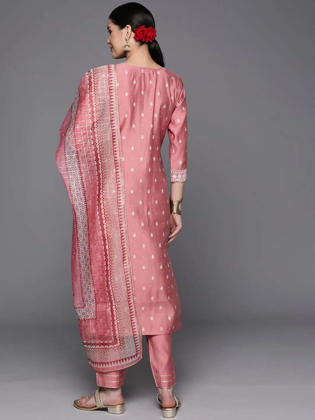 Pink Printed Silk Blend Straight Kurta With Trousers & Dupatta - Libas 