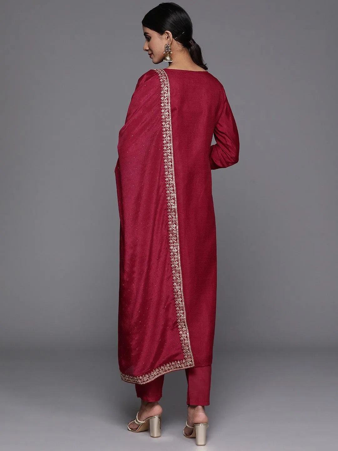 Pink Printed Silk Blend Straight Kurta With Trousers & Dupatta - Libas 