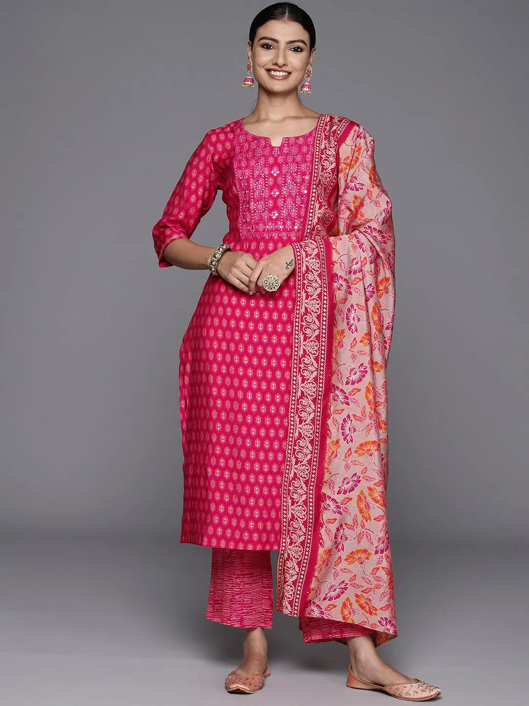 Pink Printed Silk Blend Straight Kurta With Trousers & Dupatta - Libas 