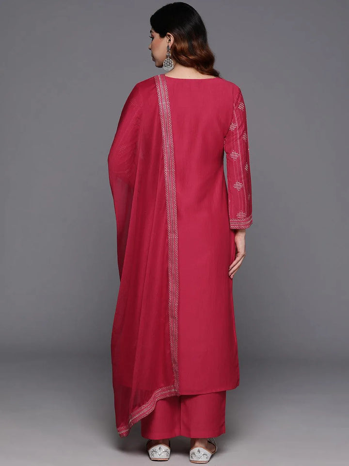 Pink Printed Silk Blend Straight Kurta With Trousers & Dupatta - Libas