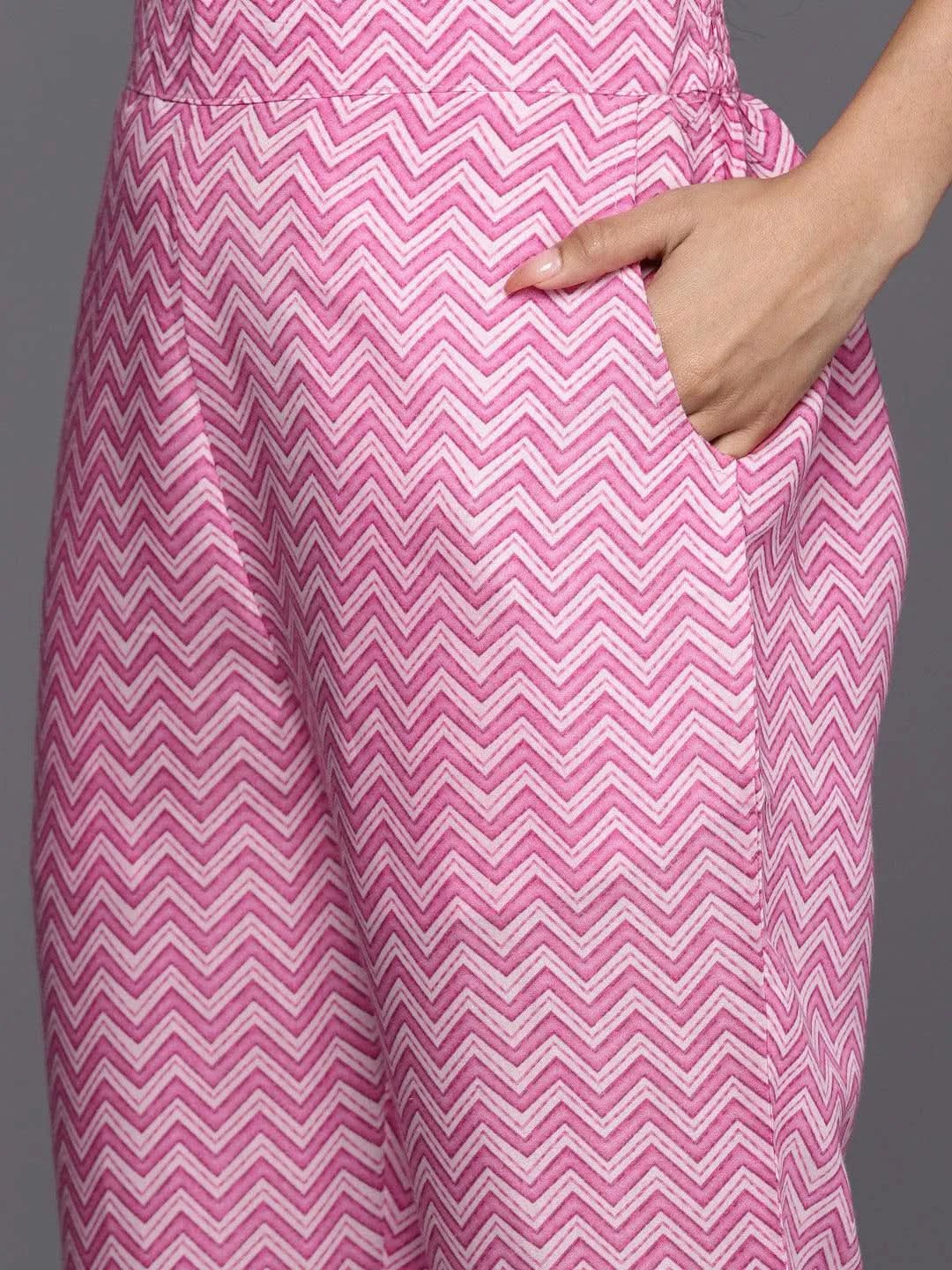 Pink Printed Silk Blend Straight Suit Set With Trousers - Libas 